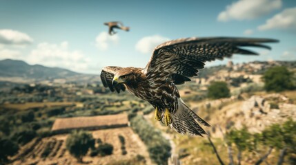 A bird of prey in flight.