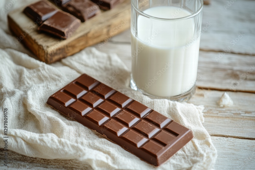 Poster delicious chocolate bar and a glass of milk on a rustic wooden table during afternoon snack time. ge
