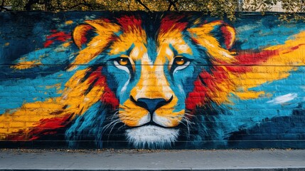 Obraz premium Vibrant mural of a lion painted on a brick wall showcasing colorful artwork and street art style
