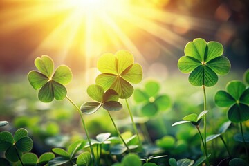 Vibrant Green Clover Leaves Illuminated by Warm Sunlight in a Lush Meadow
