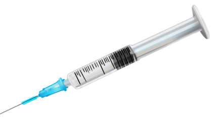 Medical Syringe: A close-up view of a sterile medical syringe, its clear plastic barrel and sharp needle ready for administration. The syringe represents healthcare, vaccination.