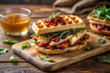 Savory Waffle Sandwich with Roasted Vegetables and Melted Cheese on Rustic Wooden Board