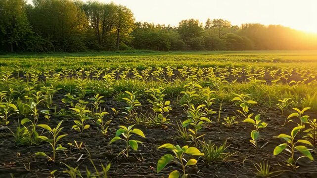 A serene landscape of young green plants growing in sunlight, highlighting agricultural growth and outdoor tranquility.