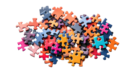 Jigsaw Puzzle Pieces: A scattered collection of colorful jigsaw puzzle pieces lies in disarray, hinting at the intricate process of problem-solving and the satisfying moment of completion.