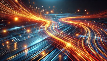 An abstract futuristic scene featuring glowing orange light trails curving and weaving dynamically across a dark blue metallic surface