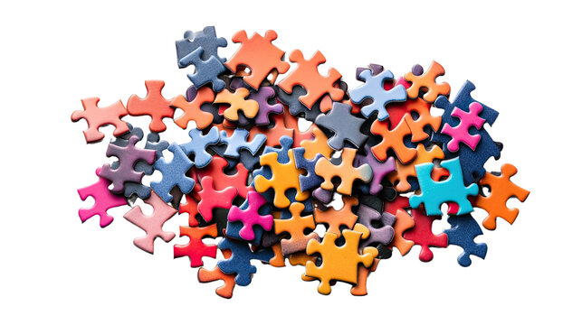 Jigsaw Puzzle Pieces: A scattered collection of colorful jigsaw puzzle pieces lies in disarray, hinting at the intricate process of problem-solving and the satisfying moment of completion.