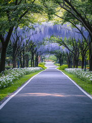 Obraz premium serene park pathway lined with wisteria trees, creating tranquil atmosphere