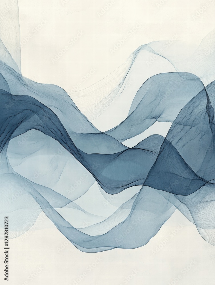 Poster Flowing blue fabric creates an abstract pattern on a light background with soft, ethereal movement. Generative AI
