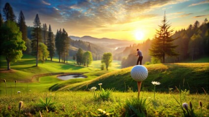 Obraz premium Golden Hour Golf A Fairway View of a Golfer and a Golf Ball on a Tee at Sunrise