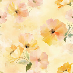 Pastel peach and yellow floral pattern, watercolor flower seamless pattern. Watercolor print in rustic vintage style, textile or wallpapers.