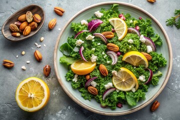 A vibrant kale salad with lemon wedges, red onion, crumbled cheese, and crunchy nuts, served on a rustic plate