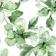 Sage green floral pattern, white background, watercolor flower seamless pattern. Watercolor print in rustic vintage style, textile or wallpapers.