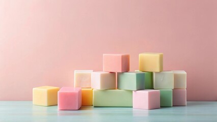 Obraz premium Pastel-colored cubes arranged in a visually appealing stack against a soft pink backdrop, creating a serene and minimalist composition suitable for various design applications.