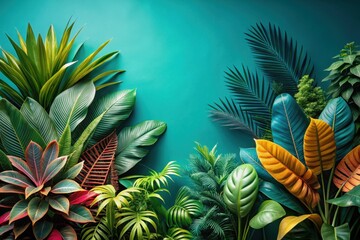 Fototapeta premium Lush Tropical Foliage Arranged Against a Vibrant Teal Background, Showcasing a Diverse Array of Exotic Plants with Their Vivid Colors and Textures