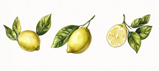Watercolor Lemons with Green Leaves Botanical Illustration Fresh Citrus Fruit Summer Design Element for Recipes Food Blog Decoration Bright Yellow    