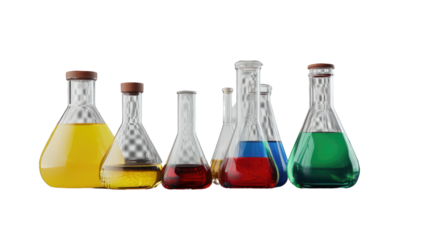 Colorful Chemistry:  A captivating composition of beakers containing vibrantly colored liquids, representing the diverse nature of scientific exploration and experimentation.