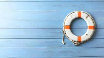 White And Orange Lifebuoy With Rope On A Distressed Blue Wooden Background Top View