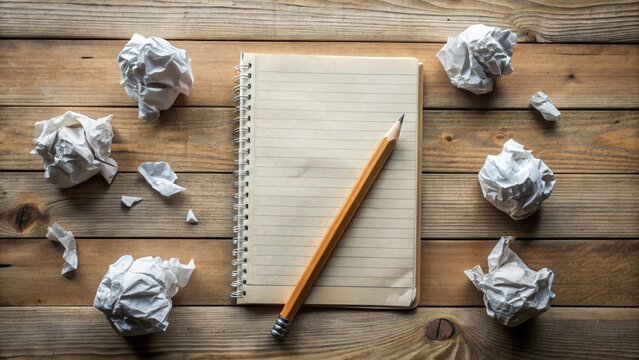 A blank notebook rests on a wooden surface, surrounded by crumpled paper balls, symbolizing the creative process of writing and editing, resulting in a final polished product. - Powered by Adobe