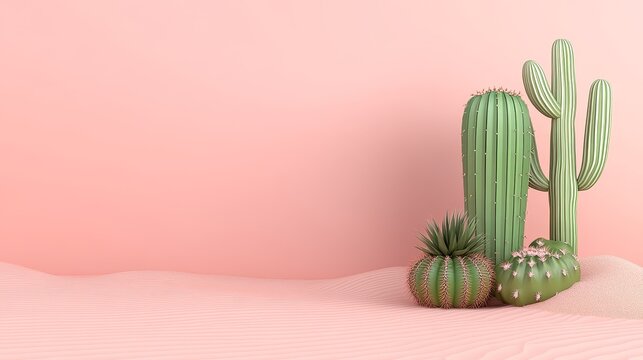 Minimalist desert landscape featuring cacti against a soft pink backdrop creating a calming and aesthetically pleasing visual for projects