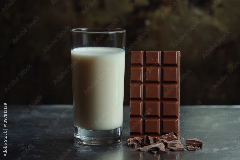 Poster delicious combination of fresh milk and rich chocolate on a rustic table. generative ai