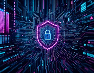 Cyber Security Shield Protecting Digital Data Network with Lock Icon