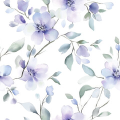 Pastel floral pattern in shades of purple and blue, with a white background,  watercolor flower seamless pattern. Watercolor print in rustic vintage style, textile or wallpapers.