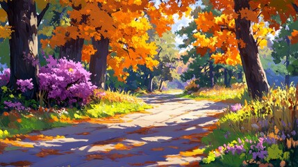 Enchanting autumn scenery with radiant foliage painting a picturesque vista along a tree-lined path inviting serene exploration