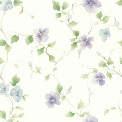 Small, soft purple and blue flowers with green leaves on vines, watercolor flower seamless pattern. Watercolor print in rustic vintage style, textile or wallpapers.