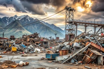 Post-Disaster Landscape Mountains Under a Dramatic Sky, Showing Extensive Rubble and Remains of Destroyed Structures