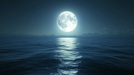 Bright Full Moon Illuminating Calm Ocean Waters at Night