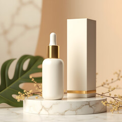 Luxurious Skincare Bottle with Gold Accents on a Marble Pedestal