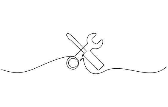 Adjustable wrench and hammer continuous one line drawing vector illustration, Single continuous line of screwdriver and wrench. Computer service technology support design element one sketch.