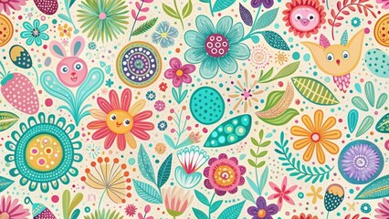 Whimsical Floral Pattern with Playful Animal Motifs A Delightful Seamless Design Featuring Vibrant Colors and Organic Shapes
