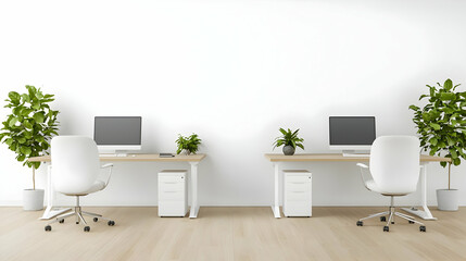 Modern Minimalist Office Space with Two Desks and Green Plants