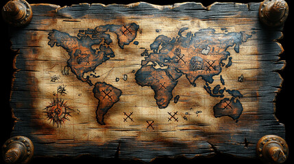 old parchment pirate treasure map with X marks, depicting world map with detailed illustrations and compass rose, evokes sense of adventure and mystery