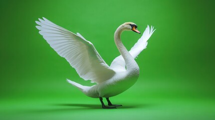 Obraz premium Elegant swan displaying its majestic wings against a vibrant green backdrop