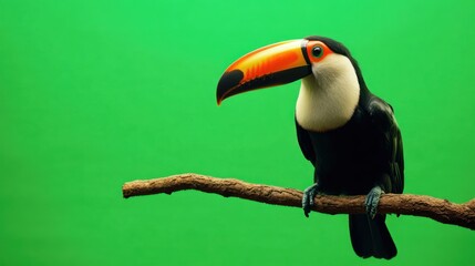 Vibrant toucan perched on a branch with a solid green backdrop serenity