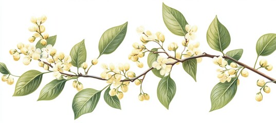 Elegant Spring Blossom Branch Pale Yellow Flowers Green Leaves Botanical Illustration Watercolor Painting Nature Floral Design Element Delicate       