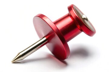 Close-up view of a single red pushpin with a metallic point, isolated on a bright white background
