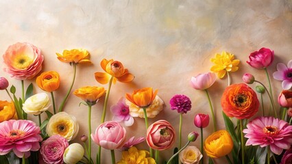 Fototapeta premium Vibrant Spring Bloom Arrangement A Colorful Display of Delicate Flowers on a Textured Background