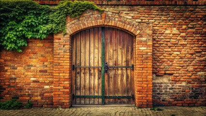 Aged Wooden Doorway Set in Rustic Brick Wall with Overgrown Vines