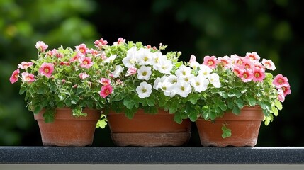 Obraz premium Colorful flowers in terracotta pots on balcony, garden background, home decor