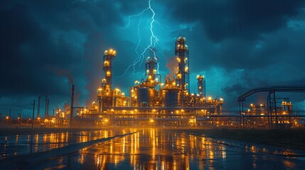 Naklejka premium Dramatic night scene of an illuminated oil refinery during a powerful thunderstorm with lightning striking.