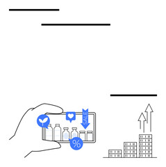 Hand holding smartphone displaying eco-friendly products, sale tags, and social media thumbs ups. Arrow graphs symbolize growing sales and business success. Ideal for e-commerce, sustainability