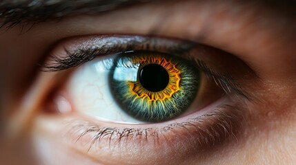 Obraz premium Closeup Detailed Human Eye Macro Photography Green Yellow Iris Pupil Eyelashes Detailed View High Resolution Image Perfect for Medical Ophthalmology 