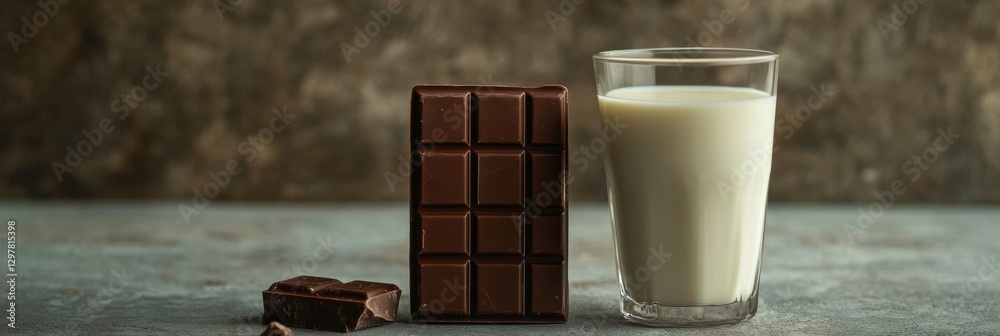 Aufkleber dark chocolate bar with a glass of milk on a rustic table setting reveals a classic pairing for dess