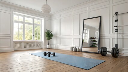 Minimalist bright and airy home gym setup with fitness instrument for physical exercise.