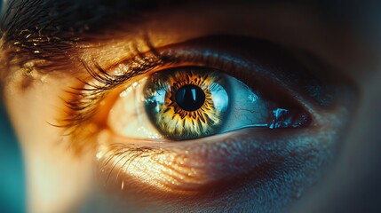 Closeup Dramatic Human Eye Macro Photography Golden Brown Iris Pupil Eyelashes Detailed High Resolution Image Vivid Colors Intense Gaze  Unique Look  