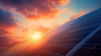 Renewable Future, Solar Panels Silhouetted Against a Vibrant Sunset Sky