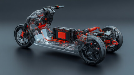 Obraz premium 3D illustration of an electric scooter chassis with a transparent design showcasing the battery pack
